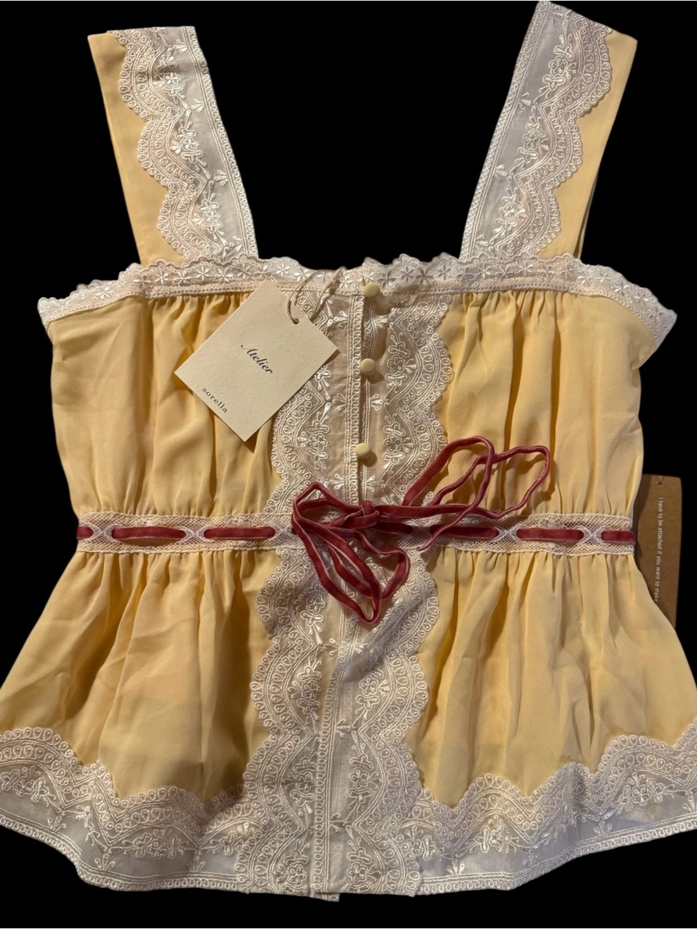 Few Moda Sorella Avita Top Butter Yellow Lace-Trim Sleep Cami Rose Ribbon Waist